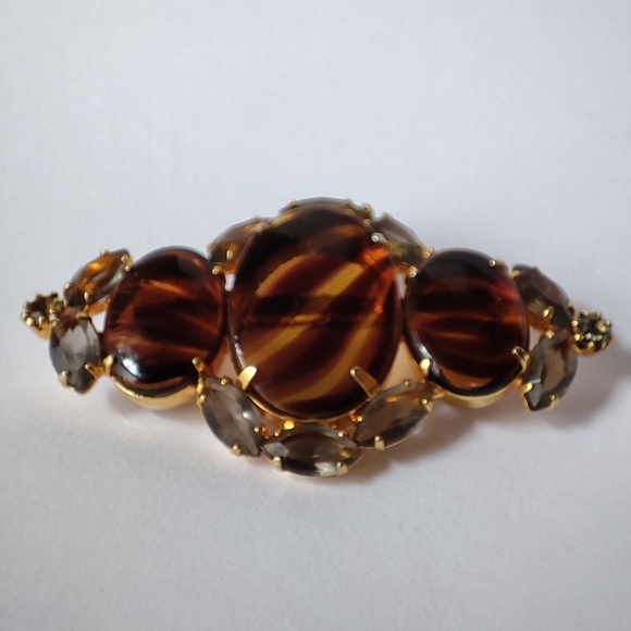Glass Tortoise Striped Prong Set Brooch Gold Tone Smoke Open Back Prong Set Pin - Picture 8 of 10